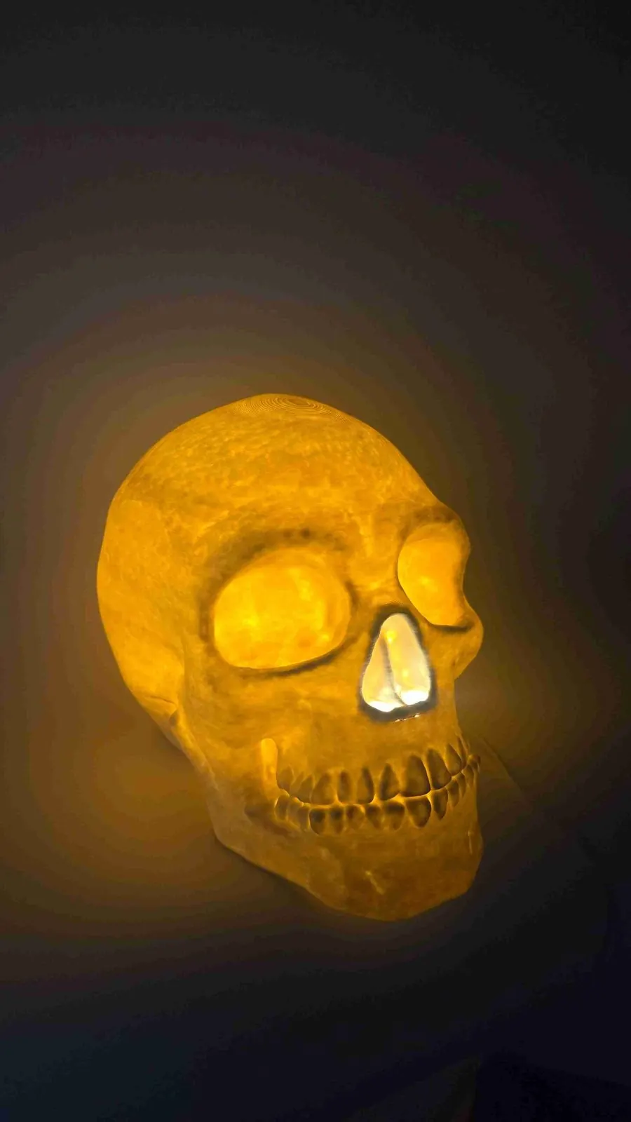 Crâne décoratif imprimé en 3D, éclairé de l'intérieur par une lumière DEL jaune